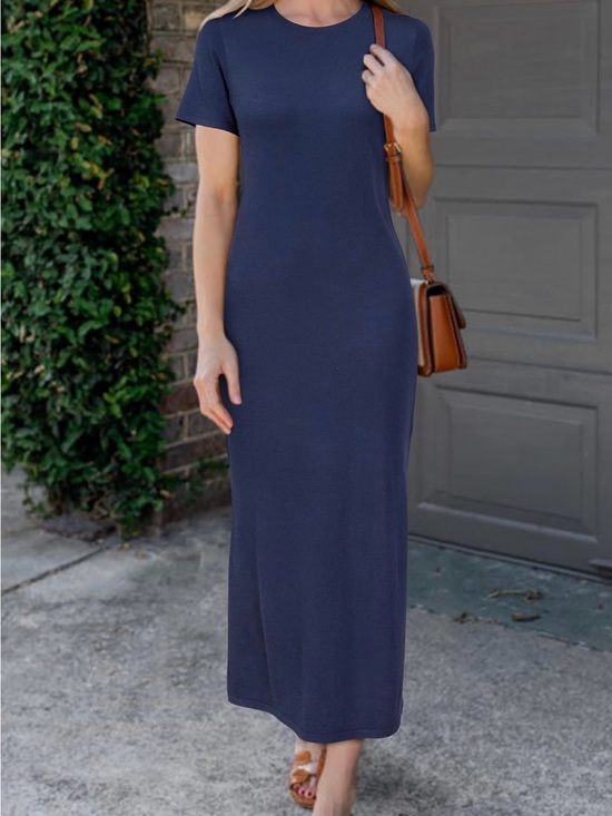 Dresses & Skirts - Women's Navy Short-Sleeve Maxi Dress - Casual Straight Fit